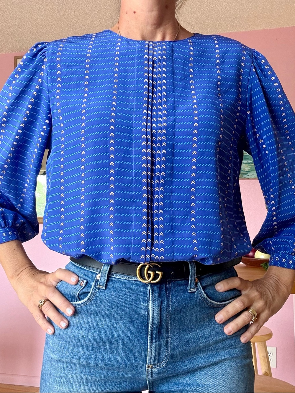 Vintage Blue Rayon Chevron-Print Puff Sleeve Blouse